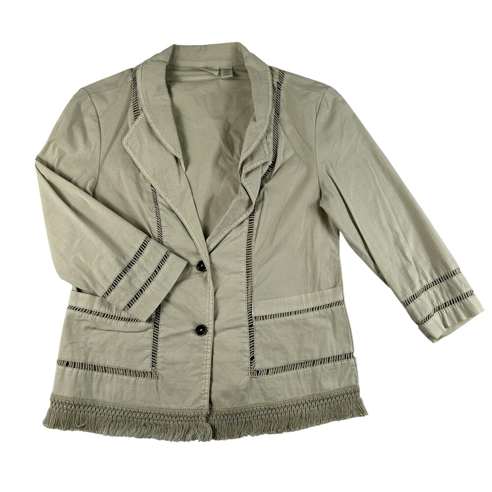 Chico's Zenergy Jacket Womens 0 Beige Fringe Trim 3/4 Sleeve Boho Blazer